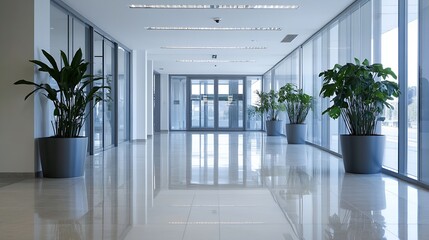 Aufkleber - Spacious and bright office hallway with large windows and indoor plants creating a refreshing atmosphere : Generative AI