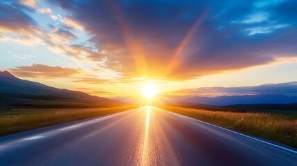 Aufkleber - Breathtaking Sunset Over Open Road with Dramatic Sky Colors in the Evening : Generative AI