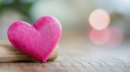 Poster - Charming Pink Heart Shaped Object on Wooden Surface with Soft Blurred Background Lights : Generative AI