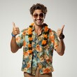 © Stock4u2024  - Joyful Traveler: A smiling man gives the thumbs-up, dressed in a vibrant floral shirt and leis, radiating positivity and excitement.