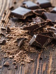 Poster - Broken dark chocolate pieces scattered with cocoa powder on a rustic wooden surface : Generative AI
