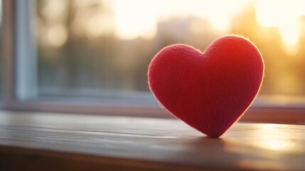 Poster - Soft and vibrant red felt heart resting on a wooden surface with warm sunlight in the background : Generative AI