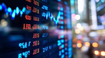 Leinwandbilder - Digital stock market display with vibrant charts and data illuminated by colorful lights at night : Generative AI