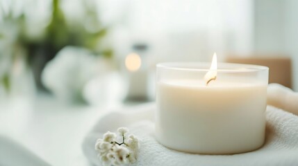 Aufkleber - Elegant closeup of a burning candle placed on a soft fabric with delicate flowers nearby : Generative AI