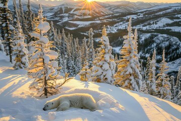 a polar bear is laying in the snow next to a tree
