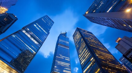 Poster - Modern Cityscape with Skyscrapers Illuminated Against a Beautiful Evening Sky : Generative AI