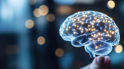 Poster - Hand holding a glowing digital brain illustration with interconnected elements representing intelligence and innovation : Generative AI