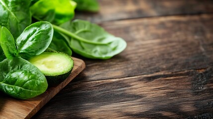 Poster - Fresh Spinach and Avocado Slices on a Wooden Cutting Board for Healthy Meals : Generative AI