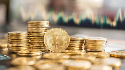 Leinwandbilder - Golden bitcoins stacked prominently representing digital finance and the cryptocurrency investment landscape : Generative AI