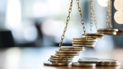 Fototapete - Modern Scales of Justice with Stacked Coins on Top Symbolizing Financial Balance and Fairness : Generative AI