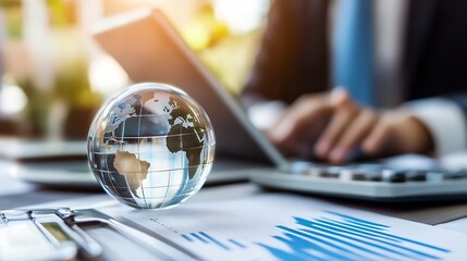 Poster - Business executive working on a laptop with a globe and financial charts on the desk : Generative AI
