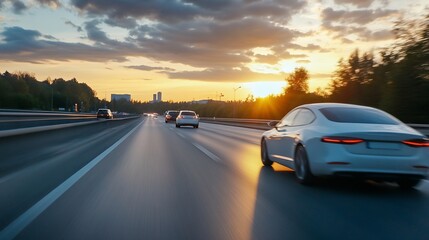 Aufkleber - Dynamic highway scene with cars moving fast under a dramatic sunset sky with clouds : Generative AI