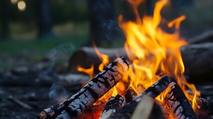 Fototapete - Dynamic and mesmerizing flames rising from a cozy campfire indicating warmth and the joy of outdoor gatherings : Generative AI