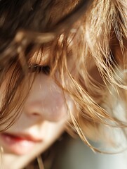 Aufkleber - Artistic capture of a young girl with tousled hair and soft expression showcasing natural beauty and innocence : Generative AI