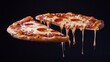 © Svitlana - Delicious pepperoni pizza with melted cheese and gooey toppings suspended in the air against a dark background