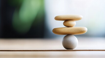 Poster - Artful Display of Wooden Stones Balancing Gracefully on a Simple Surface in Soft Focus : Generative AI