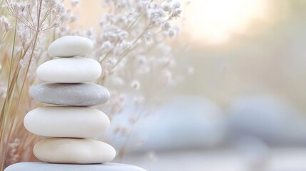 Poster - Serene stone stack with delicate flowers creating a calm and peaceful ambiance : Generative AI