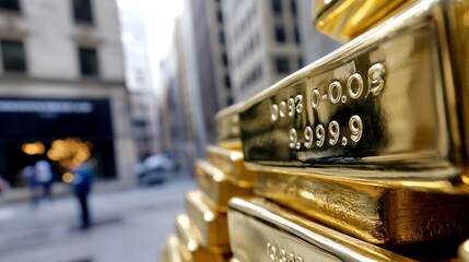 Fototapete - CloseUp View of Shiny Gold Bullion Bars Stacked in a Modern Urban Setting : Generative AI