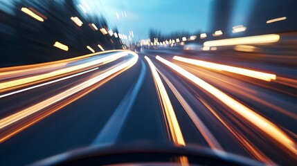 Poster - Dynamic cityscape at dusk with light trails depicting the fast movement of vehicles on a busy road : Generative AI