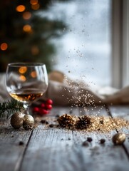 Poster - Warm holiday scene featuring a glass of whiskey surrounded by festive decorations and soft seasonal lights : Generative AI