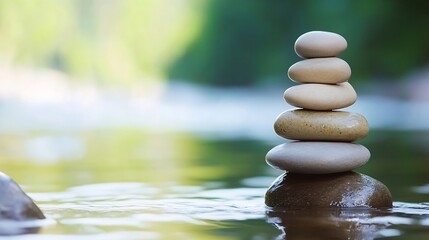 Poster - Stacked Smooth Stones Balancing on Water During a Serene Bright Day in Nature : Generative AI