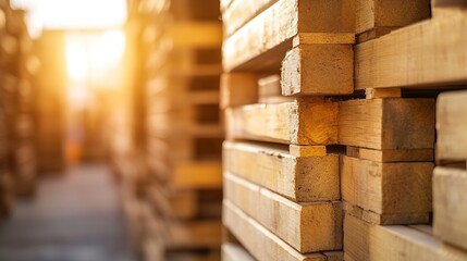 Poster - Stacks of Wooden Beams Glowing in the Warm Light of a Sunset at a Timber Yard : Generative AI