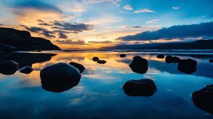 Poster - Stunning sunset reflected on calm waters with unique rocks scattered across the foreground of the serene scenery : Generative AI