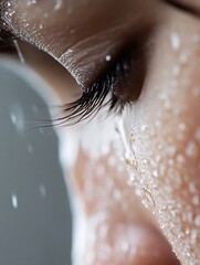 Poster - Closeup of a woman's eye with water droplets highlighting the details of the skin and lashes : Generative AI