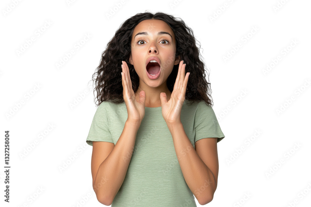 PNG Surprised young woman with open mouth and raised hands