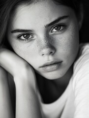 Aufkleber - Captivating Black and White Portrait of a Young Girl with Freckles and Intense Gaze : Generative AI