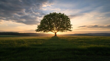 Wall Mural - Majestic solitary tree at sunrise casting long shadows on green pasture landscape : Generative AI