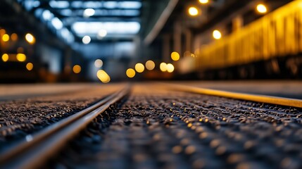 Aufkleber - Low angle view of railway tracks disappearing into a modern industrial setting with blurred lights : Generative AI