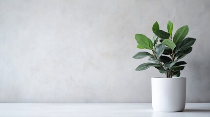 Poster - Vibrant green potted plant on smooth surface against a simple gray background exuding freshness : Generative AI