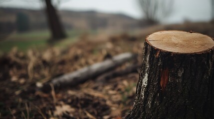 Poster - Closeup view of a freshly cut tree stump surrounded by earthy forest floor : Generative AI