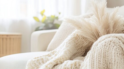 Poster - Cozy knit blanket draped over bright sofa with soft exposed fibers and gentle lighting effects in modern interior : Generative AI