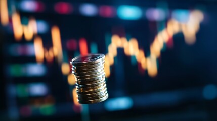 Leinwandbilder - Close up of stacked coins with financial data chart in background depicting investment growth : Generative AI