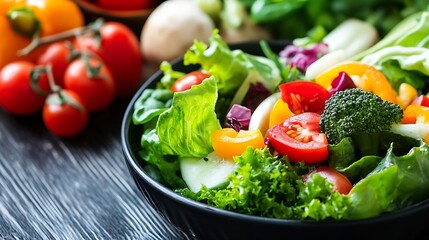 Poster - Vibrant and Fresh Salad Bowl Filled with Colorful Vegetables Displayed on a Wooden Table : Generative AI