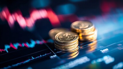 Leinwandbilder - Stack of gold coins on a digital stock chart representing financial investment and market growth : Generative AI