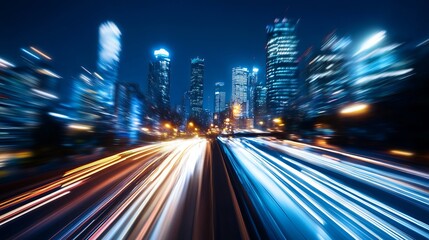 Poster - Dynamic night cityscape with blurred lights and fast moving traffic creating a vibrant urban atmosphere : Generative AI