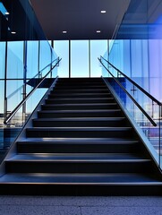 Aufkleber - Modern stairway leading to large glass windows showcasing blue sky and sunlight : Generative AI