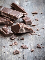 Poster - Close up of broken dark chocolate pieces on rustic wooden background showcasing rich texture and flavor : Generative AI