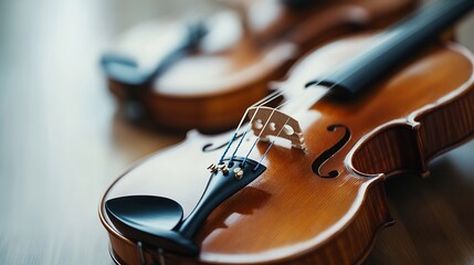 Poster - Artistic closeup of elegant wooden violins showcasing craftsmanship and intricate details : Generative AI