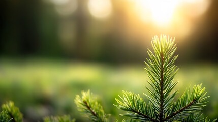 Poster - Closeup shot of a pine tree branch glistening with morning sunlight in a lush green forest : Generative AI