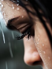 Poster - An impactful closeup image of a woman’s face with water droplets highlighting her features during a rainy moment : Generative AI