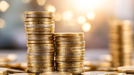 Aufkleber - Stacks of Shiny Gold Coins with a Beautiful Light Background Symbolizing Wealth and Prosperity : Generative AI