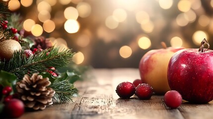 Poster - Festive Christmas Decor with Red Apples and Pinecones on Rustic Wooden Table : Generative AI