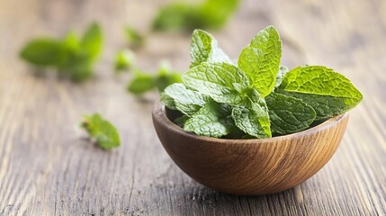 Poster - Fresh mint leaves arranged in a wooden bowl on a rustic wooden table background for cooking and garnishing : Generative AI