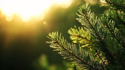 Poster - Close Up of Evergreen Branches Glowing in the Warm Glow of Sunset Light : Generative AI