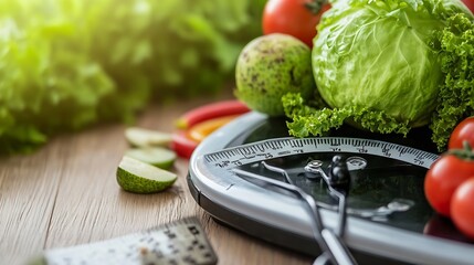Poster - Assorted fresh vegetables on a kitchen scale ready for healthy diet preparation : Generative AI