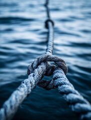 Aufkleber - Close up of a knotted rope over calm blue water showcasing texture and depth in marine settings : Generative AI